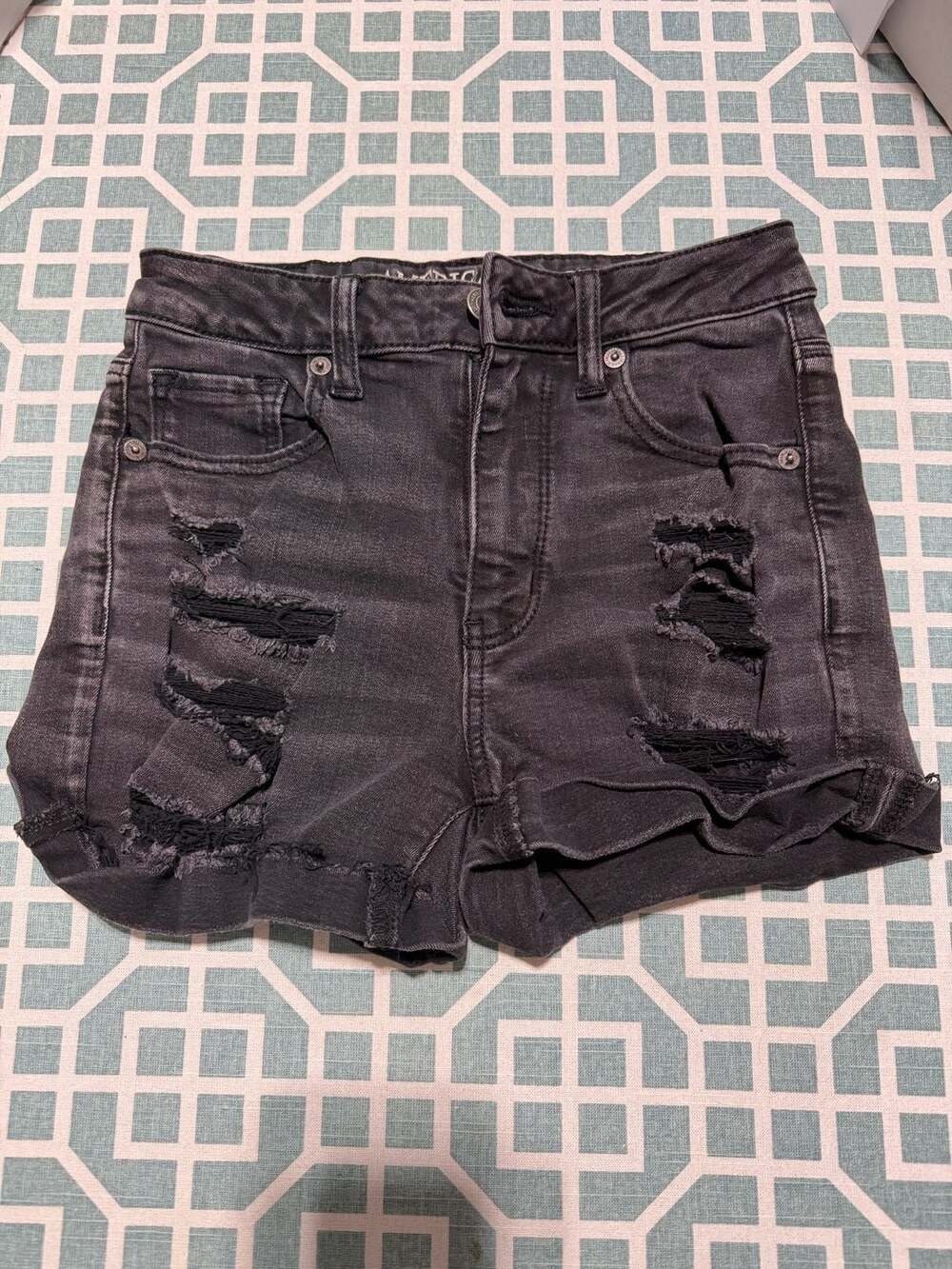 American Eagle Super Hi-Rise Shortie Black Distressed Denim Shorts